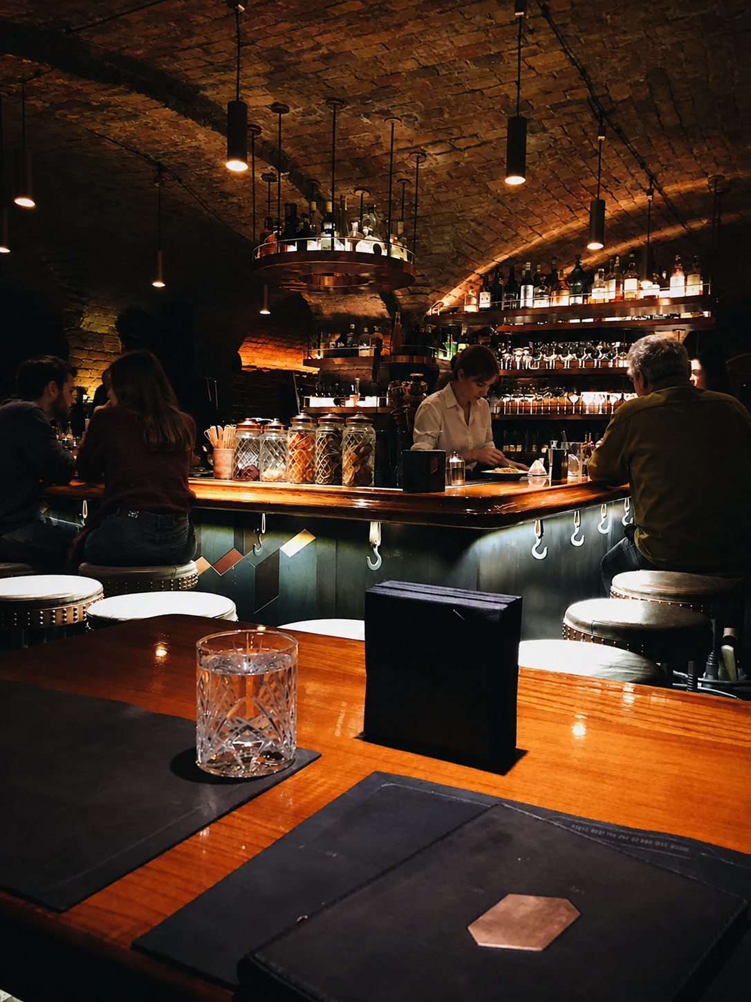 Interior de un cóctel bar subterráneo con bóveda de ladrillo visto, luz cálida y barra de madera